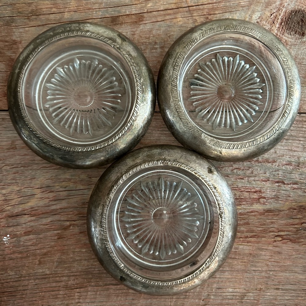 Vintage Coasters Leonard Italian Rim Cut Star Crystal Glass & Silver Coasters  3